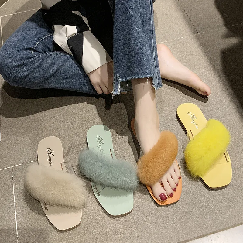 

2019 Summer Cute Slides Designer Flip Flop Leather Woman Fur Slides Women Slippers Flip Flops Chaussure Transparente Femme Sapat