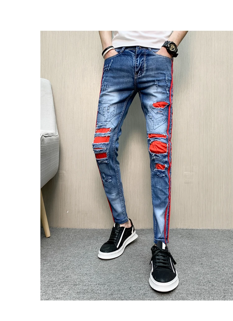 Весна 2019 человек джинсы Фирменная Новинка Slim Fit Повседневное джинсовые штаны-шаровары боковой полосой обтягивающие мужские джинсы