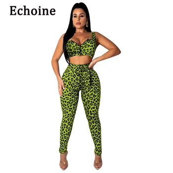 

Echoine Fashion Two Pieces Set Print Leopard Sleeveless Crop Top + Legging Pants Ladies Summer Fitness Tracksuit For Women