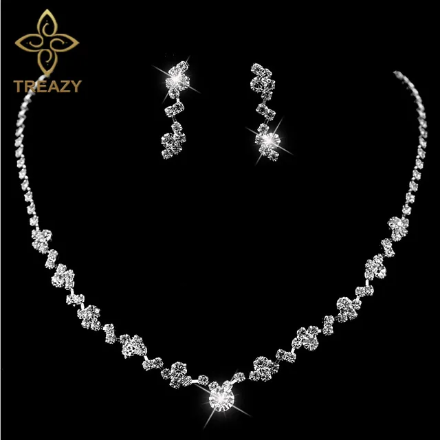 TREAZY New Silver Plated Crystal Choker Necklace Earrings Set Wedding Bridal Bri TREAZY New Silver Plated Crystal Choker Necklace Earrings Set Wedding Bridal Bri