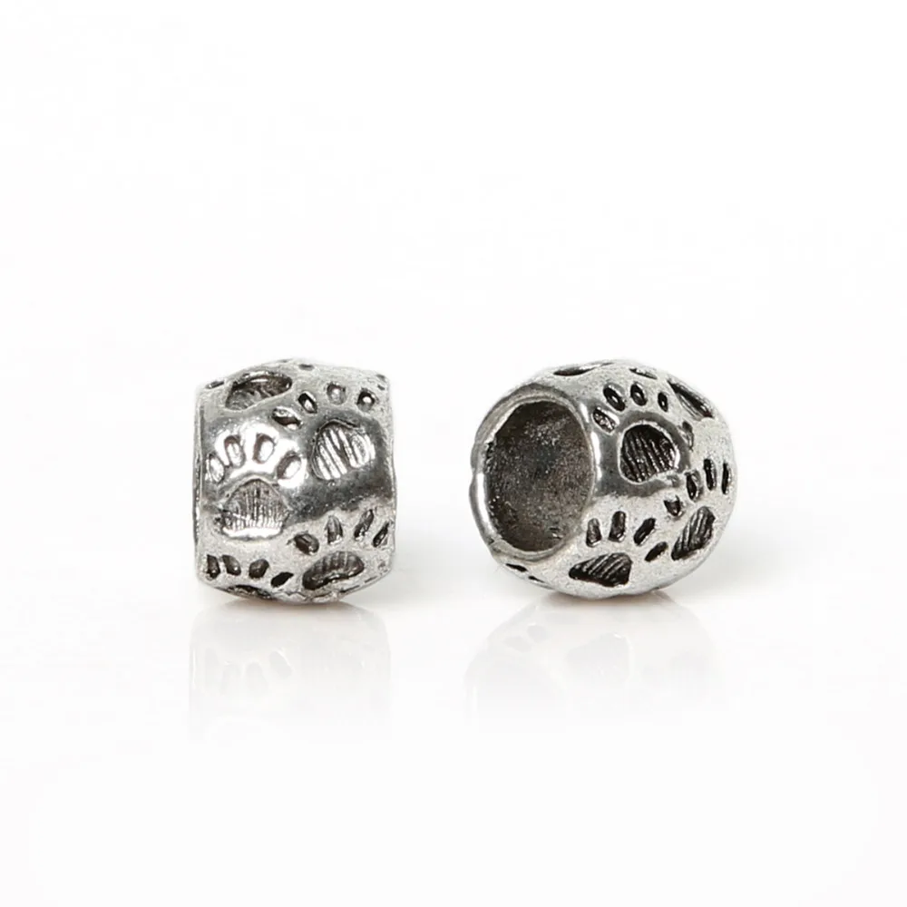 

New Fashion 10pcs 10x11x8mm Silver Plated Footprint Barrel Big Hole Beads Charm Fit for European Bracelet DIY Jewelry Findings