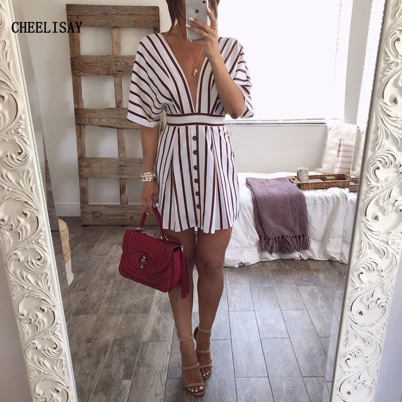 Women Striped Button Vintage Dress Sexy Deep V Neck Batwing Sleeve Summer Dress Casual Backless Lace Up Mini Dresses