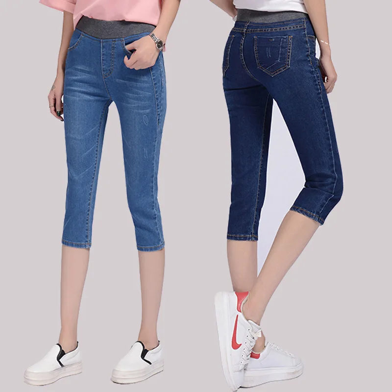 WKOUD Plus Size Women Jeans Capris Summer Calf-length Pencil Pants Stretch High Waist Denim Trousers Mom Jean Casual Pants P9079