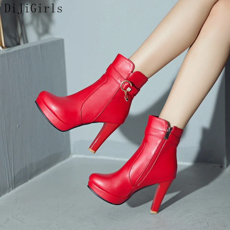 DiJiGirls/женские ботинки; сезон весна-осень; цвет красный, белый, черный; ботильоны для свадебной вечеринки; ботинки на платформе на высоком каблуке; простая обувь