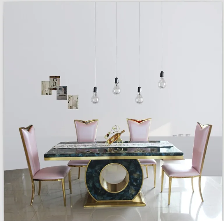 Хорошее качество мраморный обеденный стол набор с розовым золотом цвет 4 стула