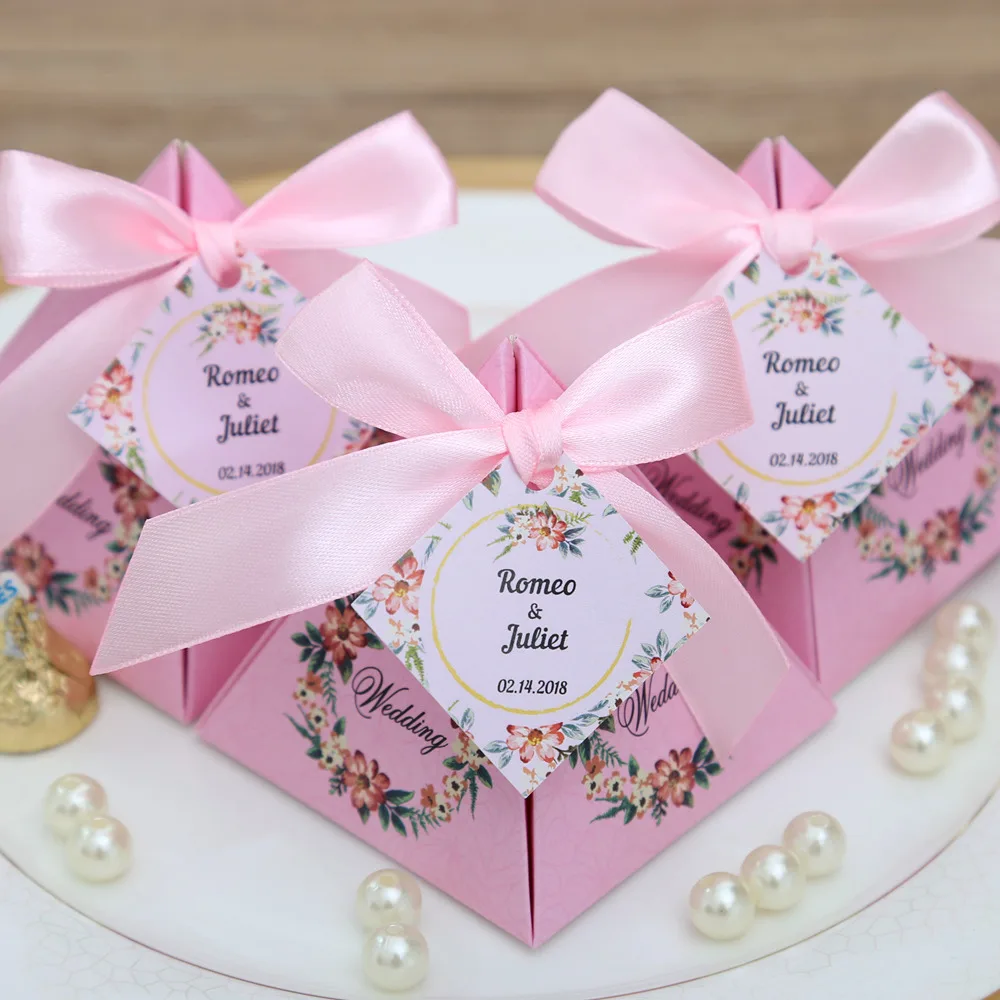 

50 pcs/lot Pink/ Purple/ Tiffany Blue Floral Pyramid Wedding Favor Candy Boxes Bridal Shower Baby shower Party Paper Gift Box