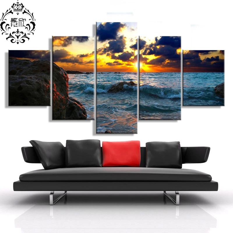

Modern Wall Art Painting Pictures 5 Panel Canvas Printed Dark Sunset Home Decor For Living Room Modular Scenery Poster Artwork