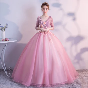 

ruthshen Pink Puffy Ball Gown Appliques Flowers Quinceanera Dresses Half Sleeves Robe De Bal 15 Sweet Sixteen Debutante Gowns