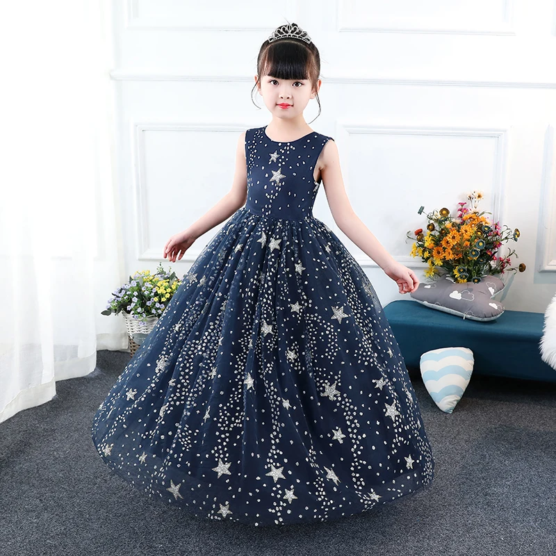 Торжественное длинное платье для девочек; вечерние платья принцессы со звездами; коллекция года; Детские вечерние платья для выступлений; детское винтажное платье