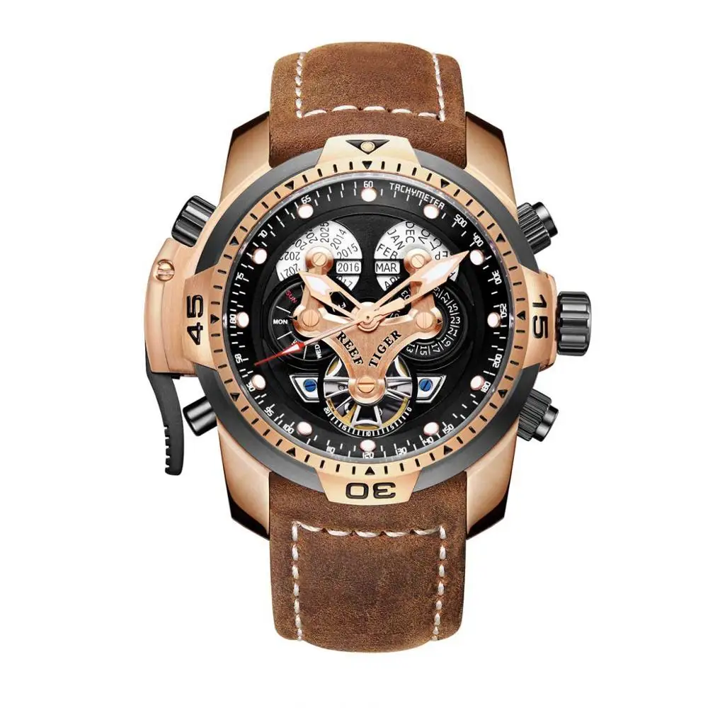 Мужские часы REEF TIGER брендовые автоматические механические водонепроницаемые наручные часы вечный календарь кожаные часы мужские Relogio Masculino - Цвет: 3