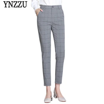 

YNZZU Korean Style Fashion Plaid Pants Women 2018 Autumn High Waist Plus Size Pencil Pants Trousers Women pantalon femme YB249