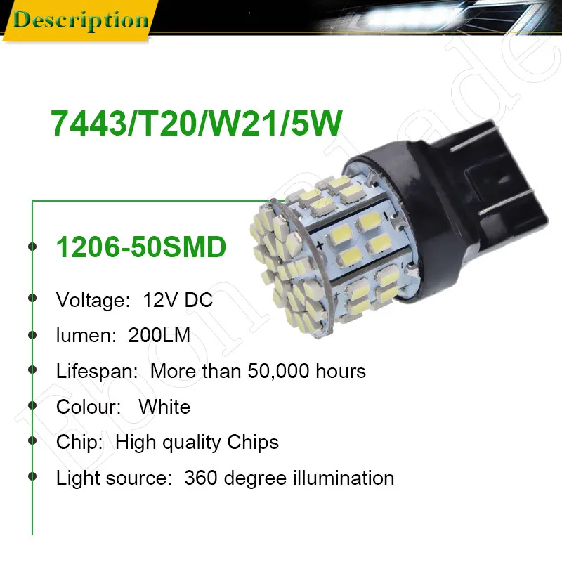 2X T20 7443 W21/5 Вт W21 5 ватт машинные led светильник 1206 50smd Авто автомобилей в машине voiture светодиодный стоп-сигнал поворота лампы 12В дневные ходовые огни белый