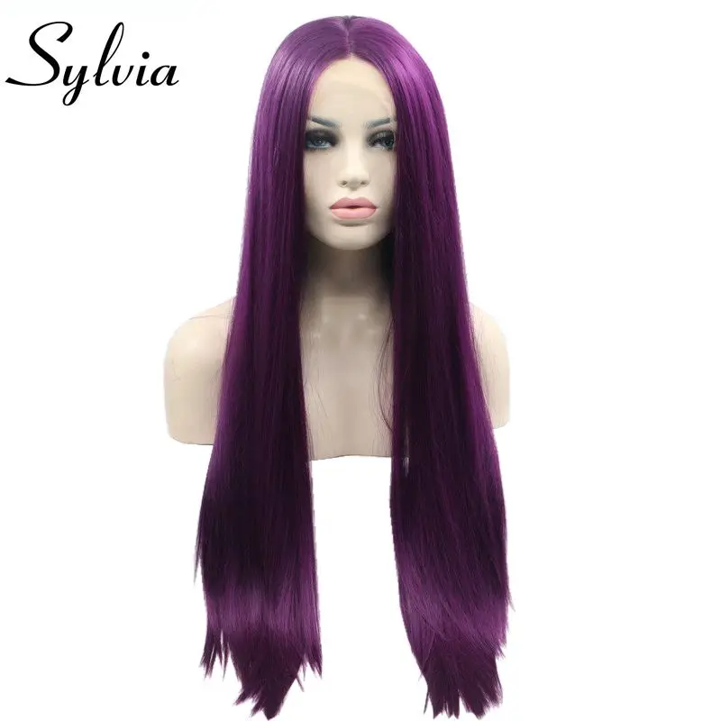 Дешево Sylvia жаропрочных волос Glueless длинные шелковистые прямые Фиолетовый волос Синтетический Синтетические волосы на кружеве парик для Для женщин...