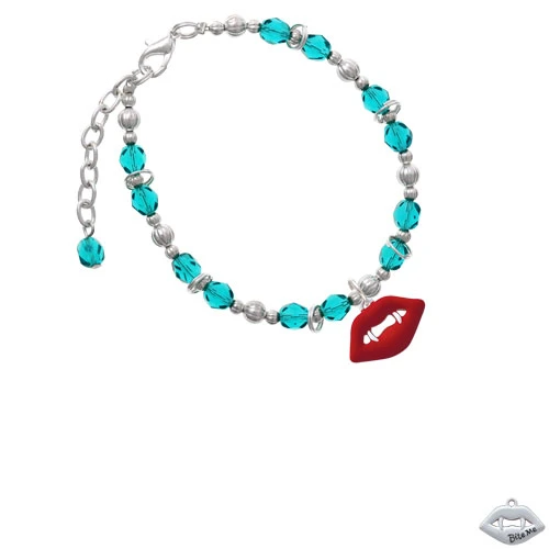 Silvertone Red Enamel Vampire Lips Teal Beaded Bracelet