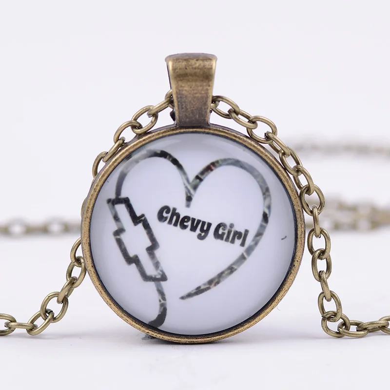 Chevrolet Girl Glass Cabochon Pendant Necklace Heart shaped Alloy Glass