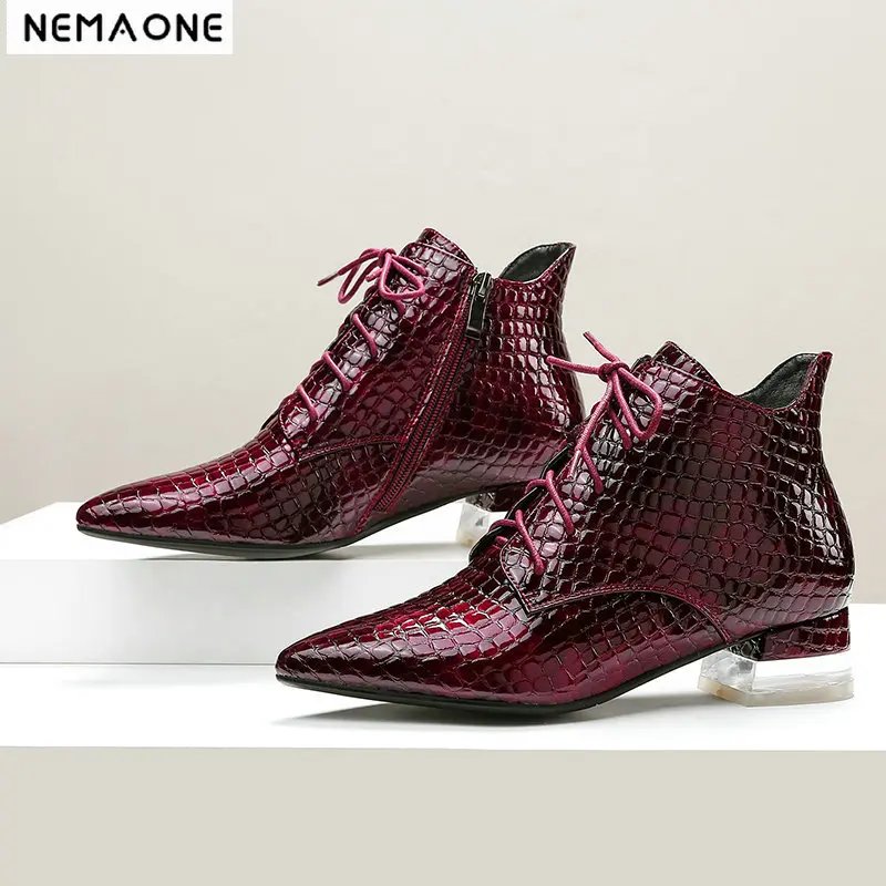 

NEMAONE Women Genuine Leather Ankle Boots Thick med Heels Autumn Winter Ladies Shoes Woman Sexy poined Toe Boots size 41 42 43