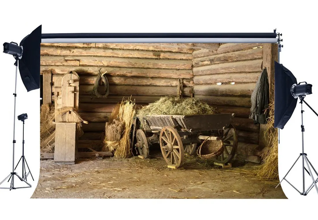 New Vinyl 7X5FT Old Barn Backdrop Straw Haystack Backdrops Vintage Turkey Farm Rustic Wooden Plank Interior West Cowboy Photography Background for Kentucky Derby Party Photo Studio Props 557