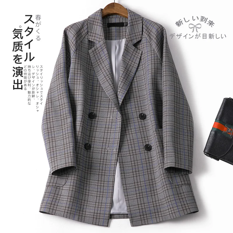 Shuchan England Style Plaid Long Woman Blazer 2019 Double Breasted Notched Blaser Feminino Women's Jacket Casaco Feminino