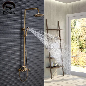 

Antique Brass Shower Set Faucet 8" Rainfall Shower Head Solid Brass Mixer Tap Wall Mounted