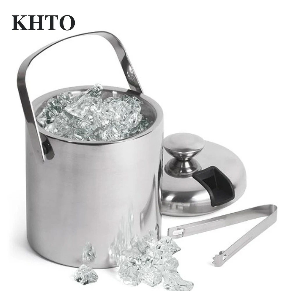 

KHTO Ice Container Double Walled Stainless Steel Ice Bucket 1.3L With Tongs and Lid for Kitchen Bar Tools