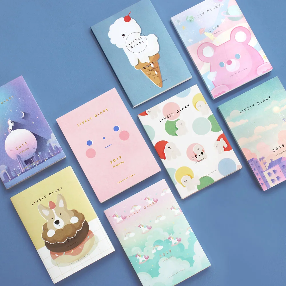 

Cute Cartoon Design 2019 Lively Diary 176P Colorful Monthly Weekly Planner School Office Agenda Scheduler Journal Gift