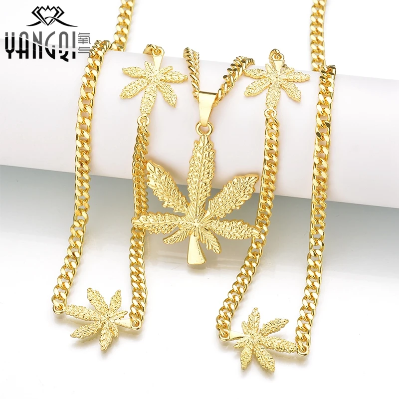 

New Iced Out Weed HipHop Necklace&Pendant Gold-Color Maple Leaf Pendant Long Silver Chain Hip Hop Bling Necklace for Men Mujer