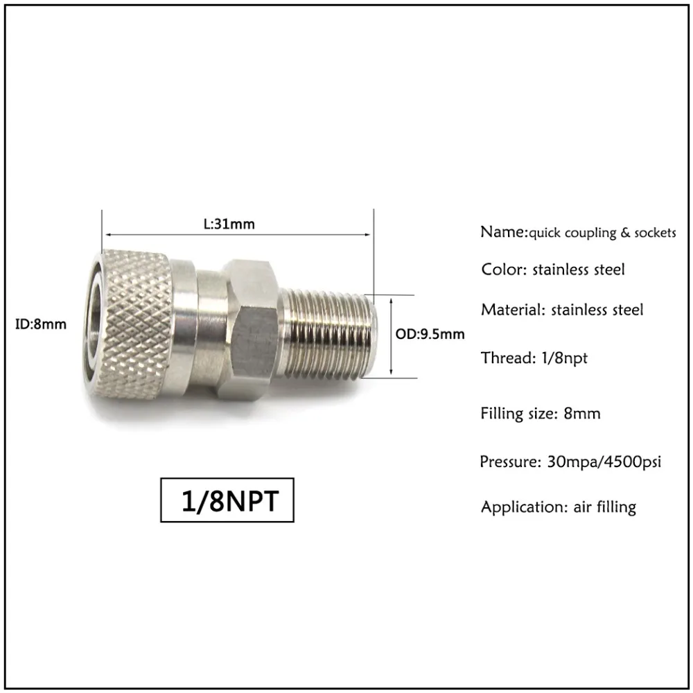 PCP ВВС Пейнтбол 1/8NPT 1/8 BSPP Мужской Quick Disconnect 8 мм заполните сосок муфта нержавеющая