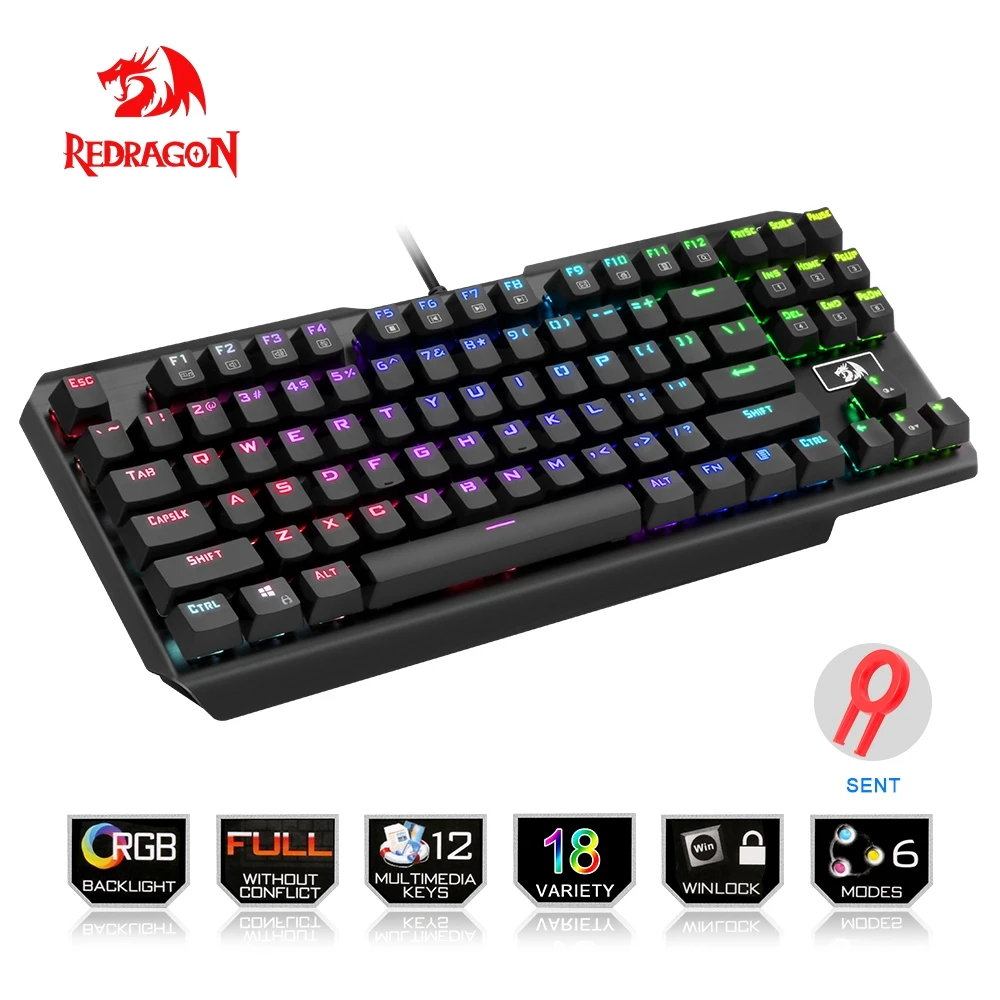 

Redragon USB mechanical gaming keyboard ergonomic RGB LED backlit keys Full key anti-ghosting 87 keys wired PC Computer Game