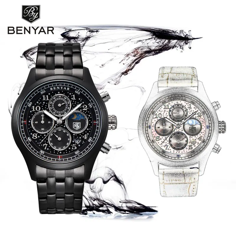 

BENYAR Black Minimalist Retro Moon Phase Quartz Watch Military Waterproof Stainless Steel Men's Sports Clock Relogio Masculino