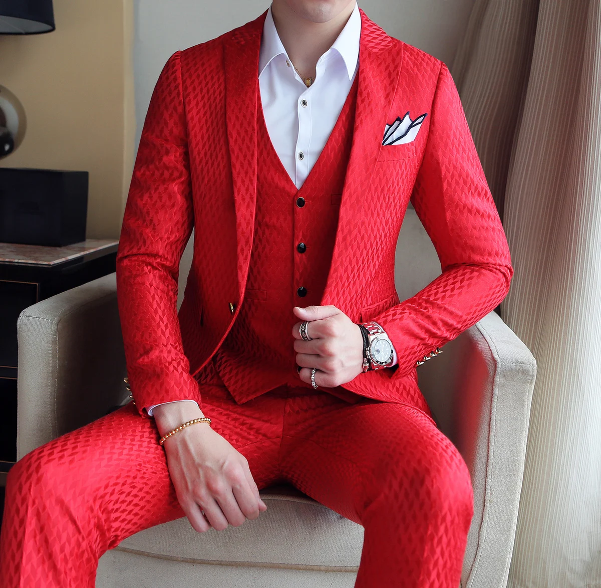 Red Prom Suit Luxury Jacquard Mens Formal Suit Smoking