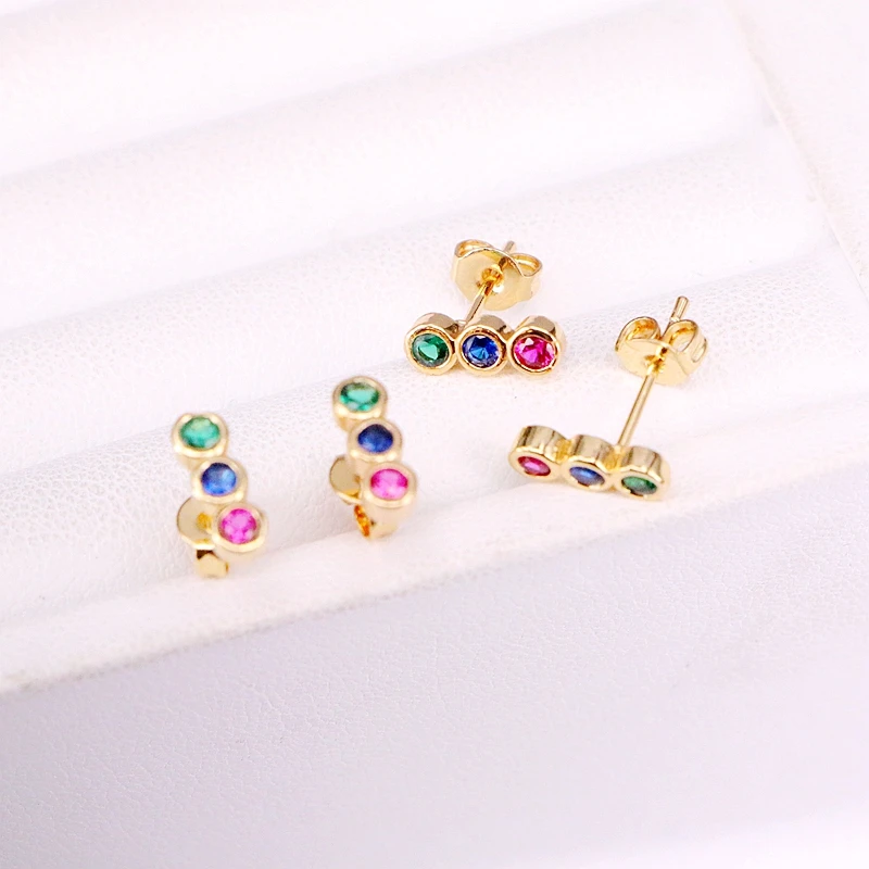 3 пары, ювелирные серьги сережки-гвоздики со стразами разноцветные радужные CZ женские ювелирные изделия мульти циркония красочный инкрустированный цирконами Серьги-гвоздики