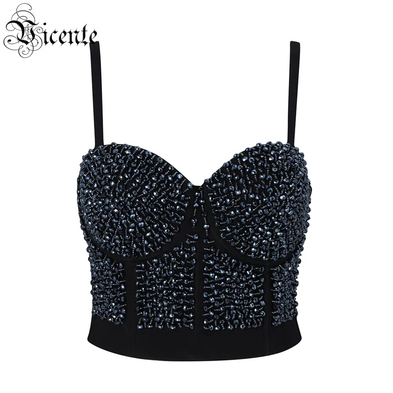 

Vicente Hot 2019 New Trendy Black Tops Beads Embellished Sexy Spaghetti Strap Celebrity Party Club Wear Slip Bnadage Tops