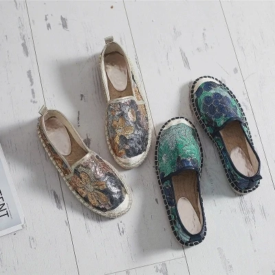 

Straw shoes women's retro plaid canvas shoes female round head straw linen one pedal flat lazy fisherman shoes single shoes