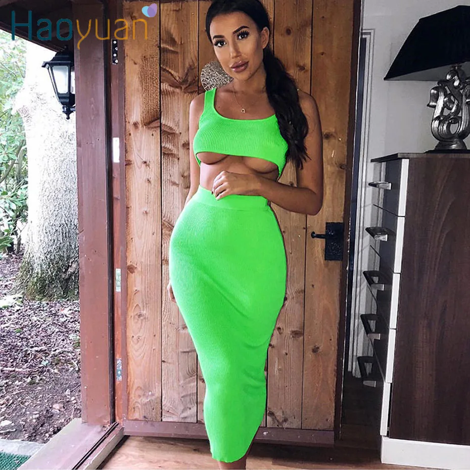 

HAOYUAN Neon Green Orange 2 Two Piece Set Women Summer Sexy Club Outfits Knit Crop Top and High Waist Maxi Skirts Matching Sets