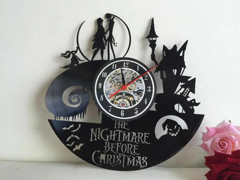 Lovinland Wall Clock Vintage 30cm 12 inch Jack and Sally Nightmare Before Christmas Vinyl Record CD Wall Clock 3D Antique Clock 2