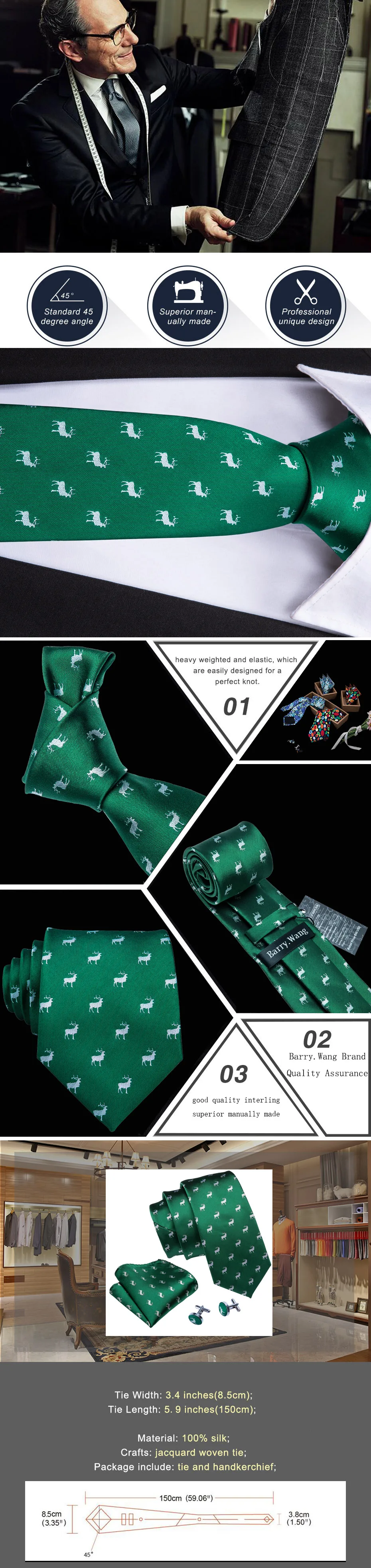 Barry. Wang Новое поступление мужские галстуки с рисунком оленя зеленые мужские свадебные галстуки 3,35 ''Галстуки деловые шелковые галстуки для мужчин