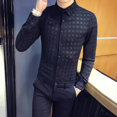 Рубашка с длинными рукавами для мужчин, сексуальная клетчатая рубашка, дизайнерская белая рубашка для мужчин, одежда для корейского выпускного вечера, черное платье, Social Chemise Homme 3XL