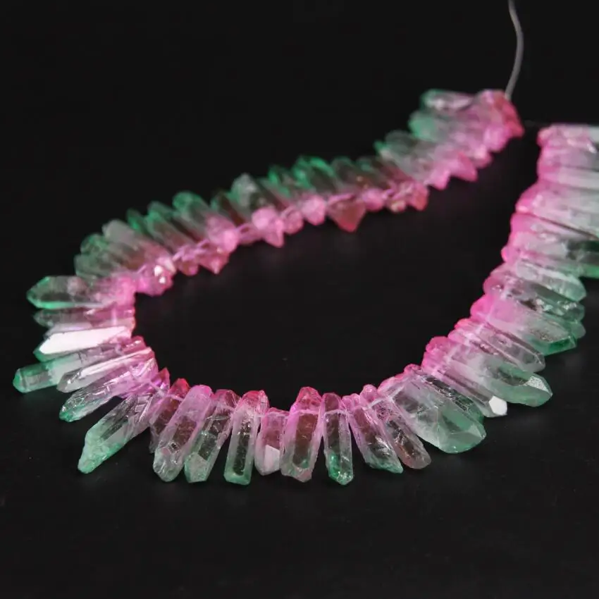 New!! 15.5/strand Raw Crystal Quartz Top Drilled Point Pink&Green Titanium Beads,Rainbow Crystal Stick Pendants Jewelry Making