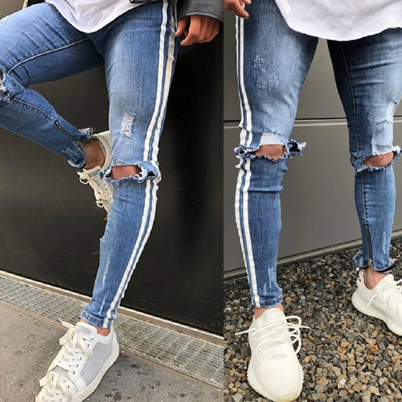 

HEFLASHOR Men Hip Hop Fashion Ripped Jeans Pants Side Strip Knee Holes Skinny jeans Distressed Stretch Denim pant streetwear