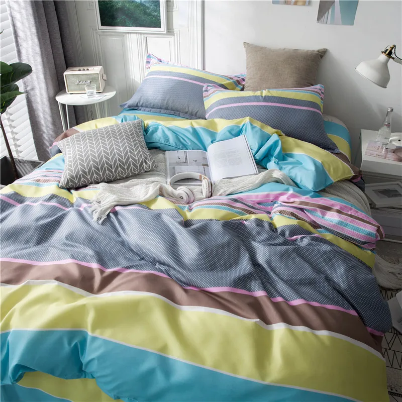 Color Stripe Pattern Duvet Cover Flat Bed Sheets +Pillowcase Super King Queen Full Twin 5 Size Bedding Set 4Pcs | Дом и сад