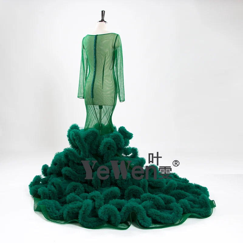 YeWen Сексуальное прозпрчное платье Длинные Рукава Тюль Зелёный Свадебное Платье Русалка Бальные Платья Плюс размер На заказ размер и цвет Патья для фотосессия для беременных