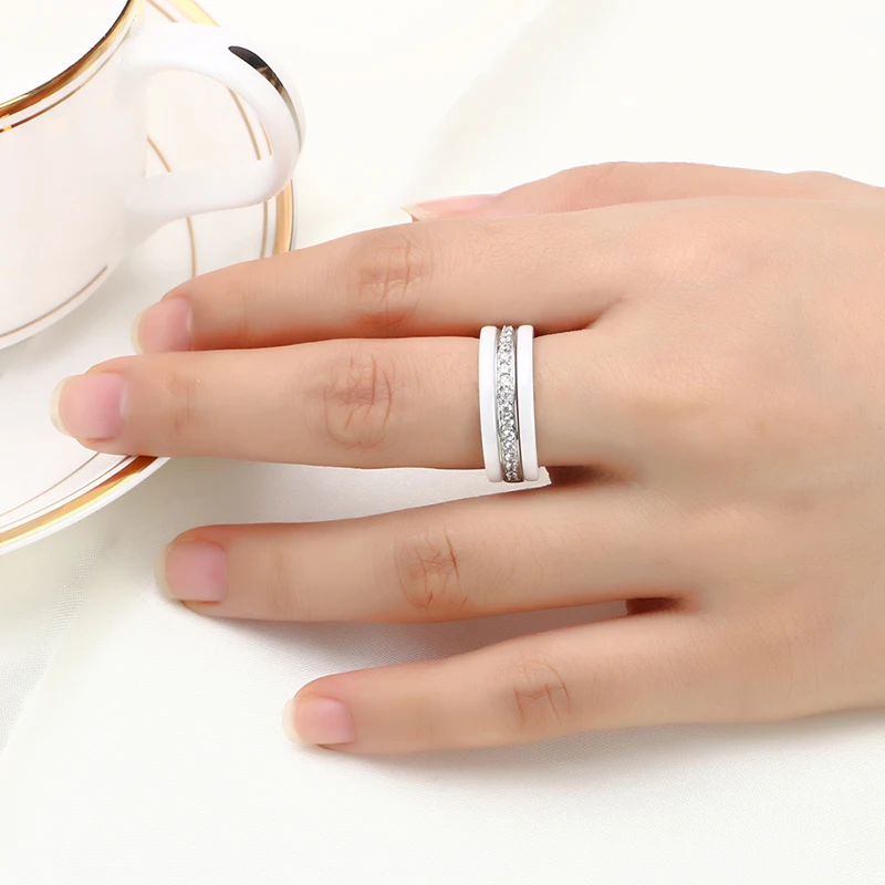 New Fashion Jewelry 3pcs/Set Trendy Ring With Half Circle Bling Drilling White Color Gift For Women Girl Healthy Ceramic Rings
