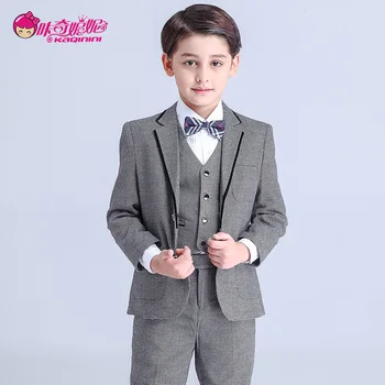 Tanie (Kurtka + Spodnie + Kamizelka + Koszula + Krawat) Chłopiec Garnitury Dziewczyna Kwiaty Slim Fit Tuxedo Marka Moda Bride Groom Suknia ślubna Szary Garnitur Blazer