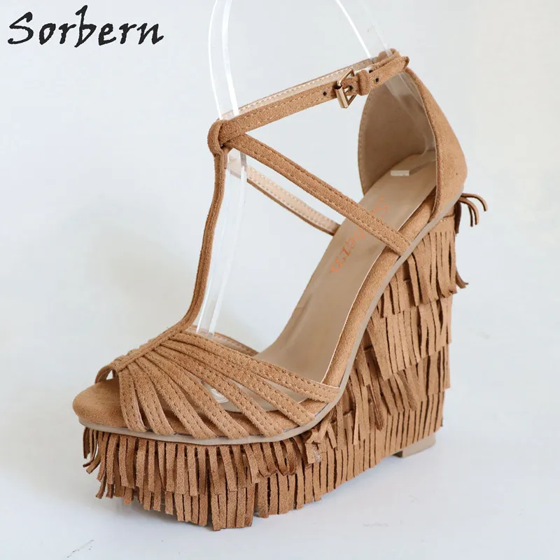

Sorbern Brown T-Strap Wedge Sandals High Heel Platform Heels Fringe Shoes Women Summer Designer Shoes Ladies Shoes Size 44