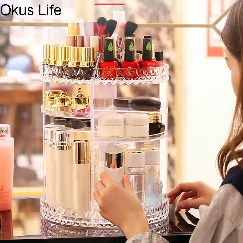 

Multi-function 360 Degree Rotation Transparent Acrylic Cosmetics Storage Box Fashion Detachable Makeup Beauty Organizer Holder