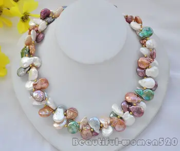 

Z6807 2strands 14mm white red green coin freshwater pearl necklace 19inch