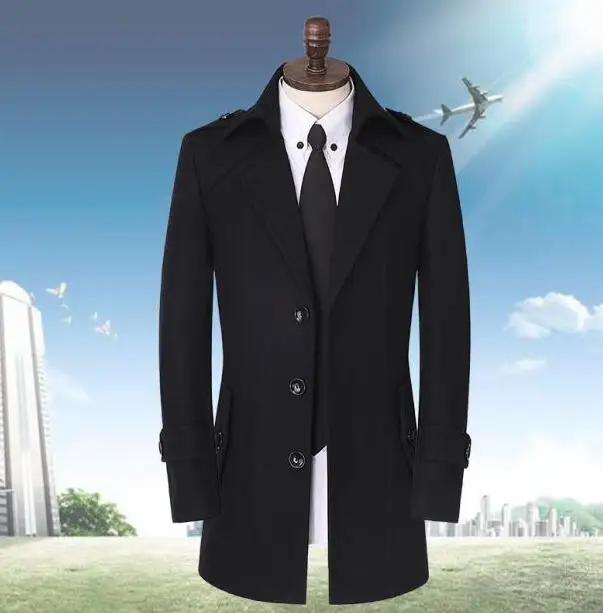 Черное серое повседневное шерстяное пальто с длинными рукавами для мужчин куртки и пальто мужские средней длины шерстяная Верхняя одежда Зимний Тренч S-9XL - Цвет: Черный