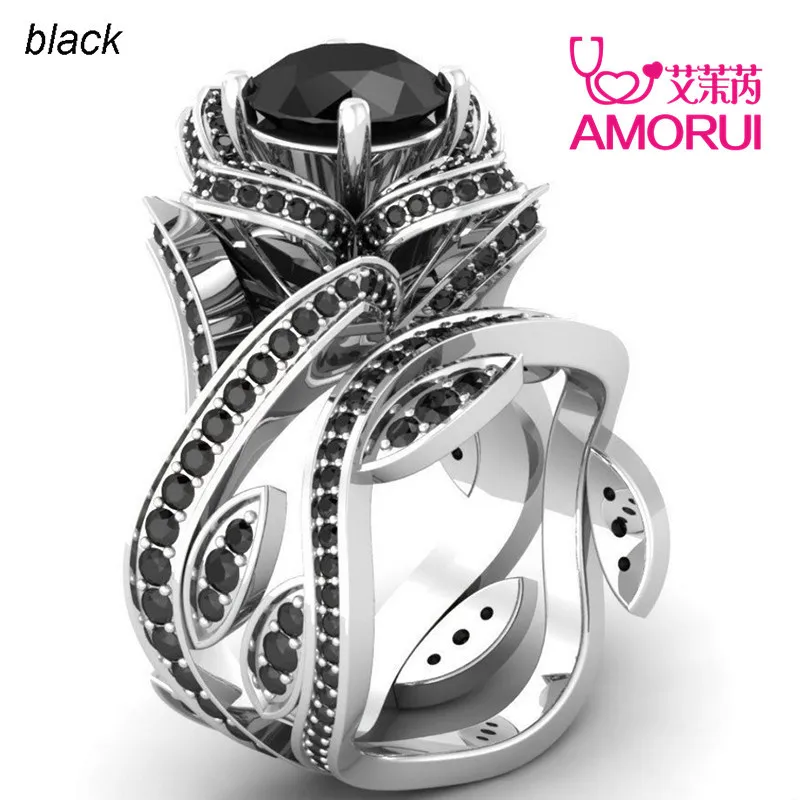 AMORUI New Fashion Silver Color Big Rose Flower Ring For Woman 12 Colors CZ Stone Wedding Rings Jewelry Gifts Dropshipping