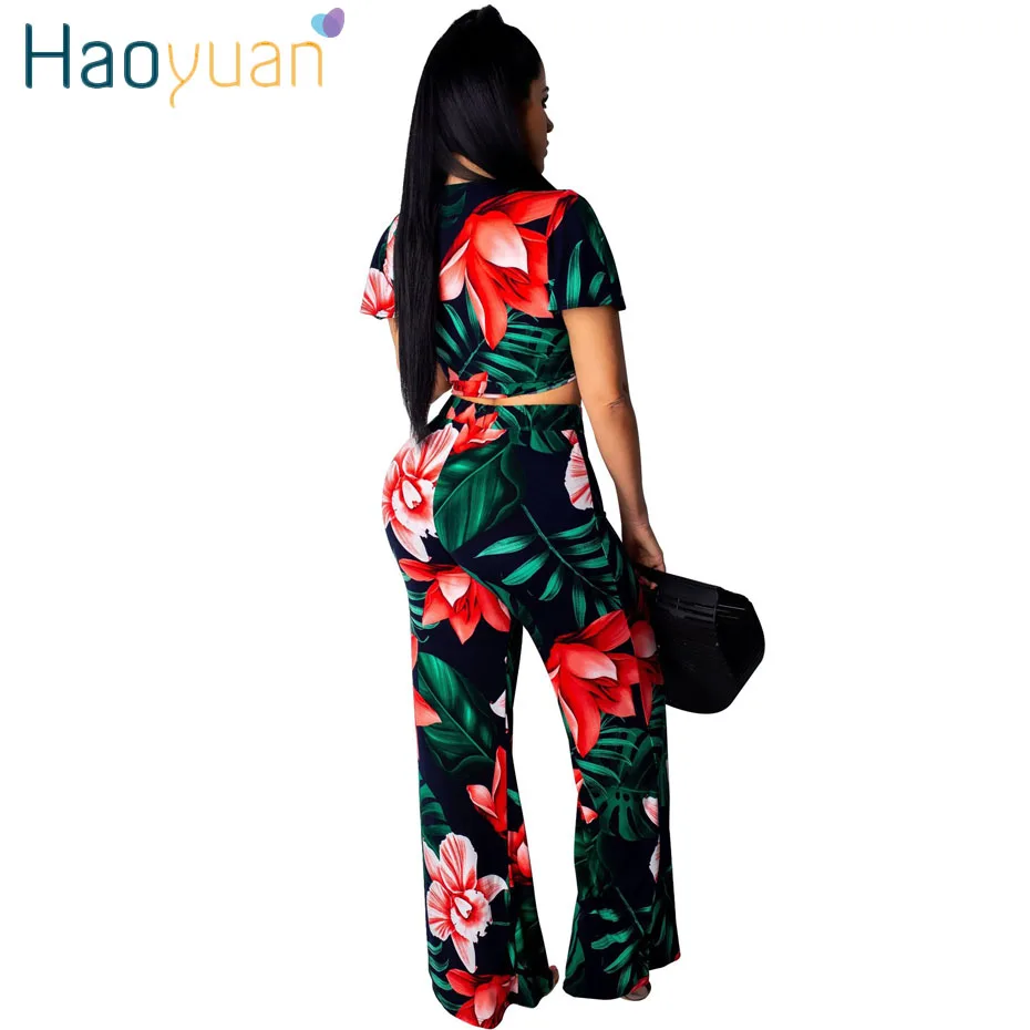 HAOYUAN, летняя одежда для женщин, комплект из 2 предметов, укороченный топ и широкие штаны размера плюс, сексуальная клубная одежда, комплект из двух предметов