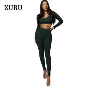 

XURU Women's 2 piece set sexy high elastic jumpsuit female long sleeve sexy club clothing jumpsuit white black army